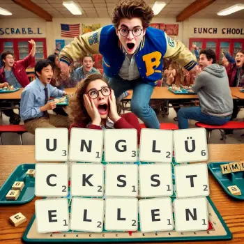 Kreative Illustration für ein Scrabble-Spiel, bei dem das Wort UNGLÜCKSSTELLEN mit Steinen auf dem Brett gelegt wurde.