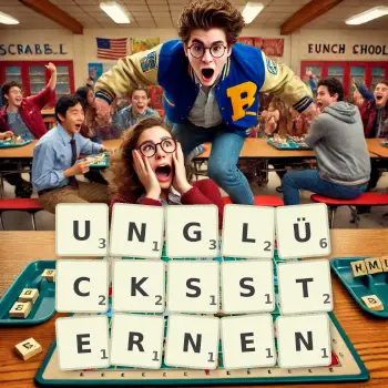 Kreative Illustration für ein Scrabble-Spiel, bei dem das Wort UNGLÜCKSSTERNEN mit Steinen auf dem Brett gelegt wurde.