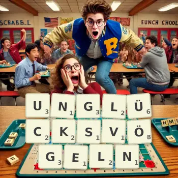 Kreative Illustration für ein Scrabble-Spiel, bei dem das Wort UNGLÜCKSVÖGELN mit Steinen auf dem Brett gelegt wurde.