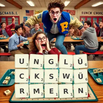 Kreative Illustration für ein Scrabble-Spiel, bei dem das Wort UNGLÜCKSWÜRMERN mit Steinen auf dem Brett gelegt wurde.