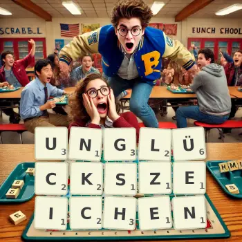 Kreative Illustration für ein Scrabble-Spiel, bei dem das Wort UNGLÜCKSZEICHEN mit Steinen auf dem Brett gelegt wurde.