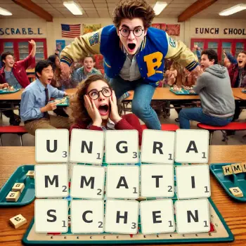 Kreative Illustration für ein Scrabble-Spiel, bei dem das Wort UNGRAMMATISCHEN mit Steinen auf dem Brett gelegt wurde.