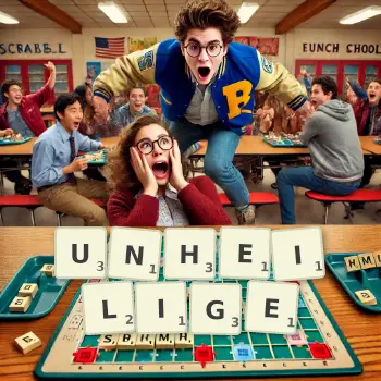 Kreative Illustration für ein Scrabble-Spiel, bei dem das Wort UNHEILIGE mit Steinen auf dem Brett gelegt wurde.