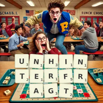 Kreative Illustration für ein Scrabble-Spiel, bei dem das Wort UNHINTERFRAGT mit Steinen auf dem Brett gelegt wurde.