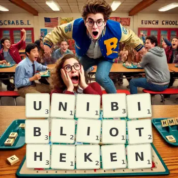 Kreative Illustration für ein Scrabble-Spiel, bei dem das Wort UNIBIBLIOTHEKEN mit Steinen auf dem Brett gelegt wurde.