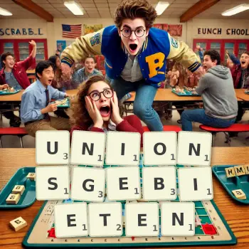 Kreative Illustration für ein Scrabble-Spiel, bei dem das Wort UNIONSGEBIETEN mit Steinen auf dem Brett gelegt wurde.