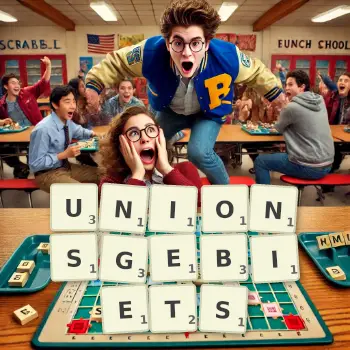 Kreative Illustration für ein Scrabble-Spiel, bei dem das Wort UNIONSGEBIETS mit Steinen auf dem Brett gelegt wurde.