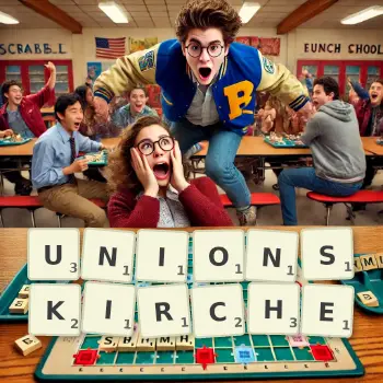 Kreative Illustration für ein Scrabble-Spiel, bei dem das Wort UNIONSKIRCHE mit Steinen auf dem Brett gelegt wurde.