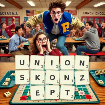 Kreative Illustration für ein Scrabble-Spiel, bei dem das Wort UNIONSKONZEPT mit Steinen auf dem Brett gelegt wurde.