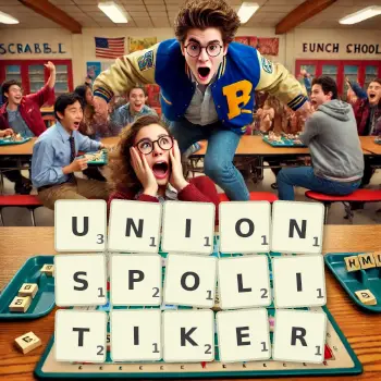 Kreative Illustration für ein Scrabble-Spiel, bei dem das Wort UNIONSPOLITIKER mit Steinen auf dem Brett gelegt wurde.