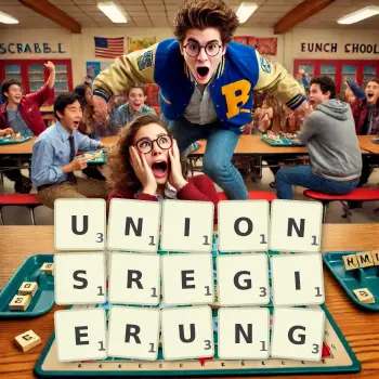 Kreative Illustration für ein Scrabble-Spiel, bei dem das Wort UNIONSREGIERUNG mit Steinen auf dem Brett gelegt wurde.