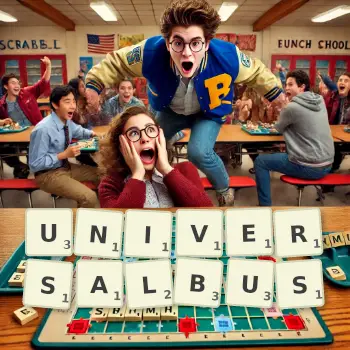 Kreative Illustration für ein Scrabble-Spiel, bei dem das Wort UNIVERSALBUS mit Steinen auf dem Brett gelegt wurde.