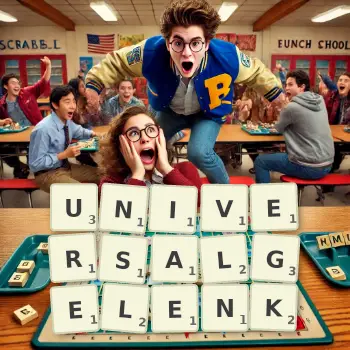 Kreative Illustration für ein Scrabble-Spiel, bei dem das Wort UNIVERSALGELENK mit Steinen auf dem Brett gelegt wurde.