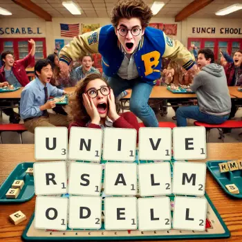 Kreative Illustration für ein Scrabble-Spiel, bei dem das Wort UNIVERSALMODELL mit Steinen auf dem Brett gelegt wurde.