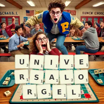 Kreative Illustration für ein Scrabble-Spiel, bei dem das Wort UNIVERSALORGEL mit Steinen auf dem Brett gelegt wurde.