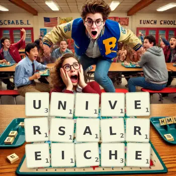 Kreative Illustration für ein Scrabble-Spiel, bei dem das Wort UNIVERSALREICHE mit Steinen auf dem Brett gelegt wurde.