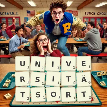 Kreative Illustration für ein Scrabble-Spiel, bei dem das Wort UNIVERSITÄTSORT mit Steinen auf dem Brett gelegt wurde.