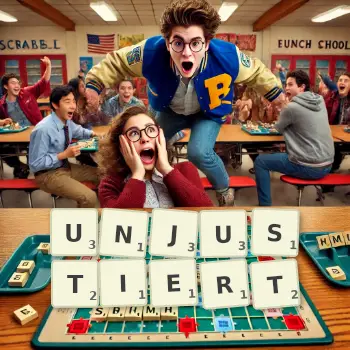 Kreative Illustration für ein Scrabble-Spiel, bei dem das Wort UNJUSTIERT mit Steinen auf dem Brett gelegt wurde.