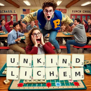 Kreative Illustration für ein Scrabble-Spiel, bei dem das Wort UNKINDLICHEM mit Steinen auf dem Brett gelegt wurde.