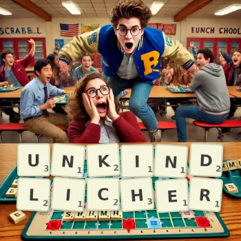 Kreative Illustration für ein Scrabble-Spiel, bei dem das Wort UNKINDLICHER mit Steinen auf dem Brett gelegt wurde.