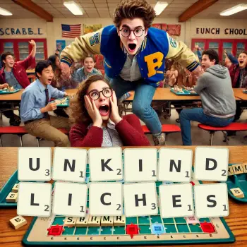 Kreative Illustration für ein Scrabble-Spiel, bei dem das Wort UNKINDLICHES mit Steinen auf dem Brett gelegt wurde.