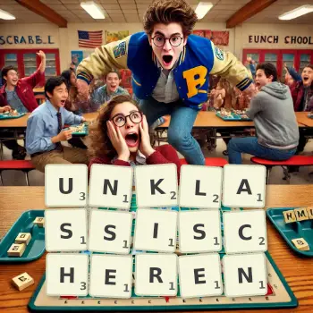 Kreative Illustration für ein Scrabble-Spiel, bei dem das Wort UNKLASSISCHEREN mit Steinen auf dem Brett gelegt wurde.