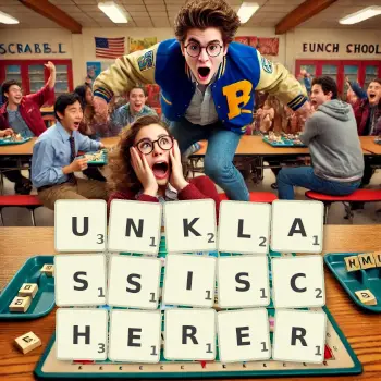 Kreative Illustration für ein Scrabble-Spiel, bei dem das Wort UNKLASSISCHERER mit Steinen auf dem Brett gelegt wurde.