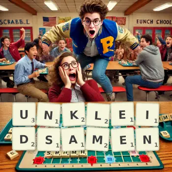 Kreative Illustration für ein Scrabble-Spiel, bei dem das Wort UNKLEIDSAMEN mit Steinen auf dem Brett gelegt wurde.