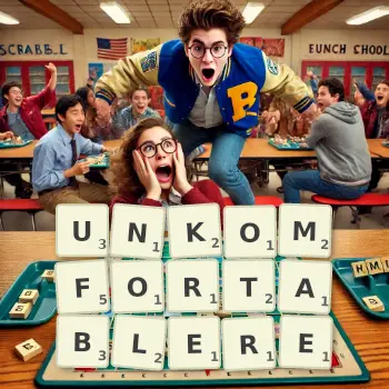 Kreative Illustration für ein Scrabble-Spiel, bei dem das Wort UNKOMFORTABLERE mit Steinen auf dem Brett gelegt wurde.