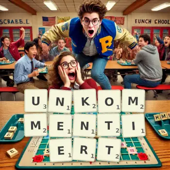 Kreative Illustration für ein Scrabble-Spiel, bei dem das Wort UNKOMMENTIERT mit Steinen auf dem Brett gelegt wurde.