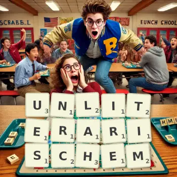 Kreative Illustration für ein Scrabble-Spiel, bei dem das Wort UNLITERARISCHEM mit Steinen auf dem Brett gelegt wurde.