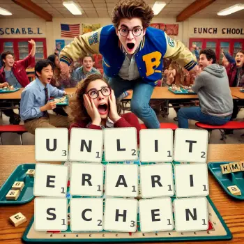 Kreative Illustration für ein Scrabble-Spiel, bei dem das Wort UNLITERARISCHEN mit Steinen auf dem Brett gelegt wurde.