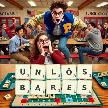 Kreative Illustration für ein Scrabble-Spiel, bei dem das Wort UNLÖSBARES mit Steinen auf dem Brett gelegt wurde.