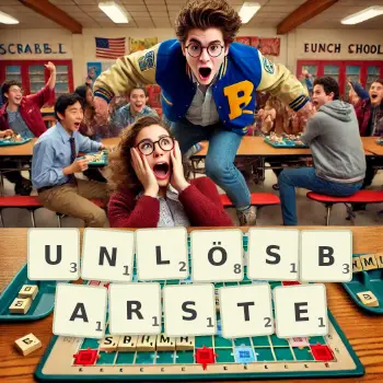 Kreative Illustration für ein Scrabble-Spiel, bei dem das Wort UNLÖSBARSTE mit Steinen auf dem Brett gelegt wurde.