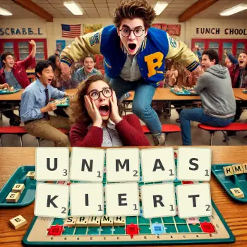 Kreative Illustration für ein Scrabble-Spiel, bei dem das Wort UNMASKIERT mit Steinen auf dem Brett gelegt wurde.