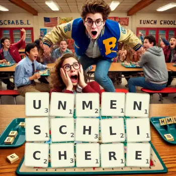 Kreative Illustration für ein Scrabble-Spiel, bei dem das Wort UNMENSCHLICHERE mit Steinen auf dem Brett gelegt wurde.