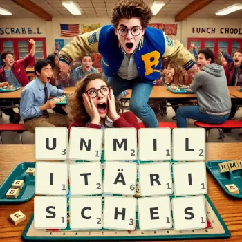 Kreative Illustration für ein Scrabble-Spiel, bei dem das Wort UNMILITÄRISCHES mit Steinen auf dem Brett gelegt wurde.