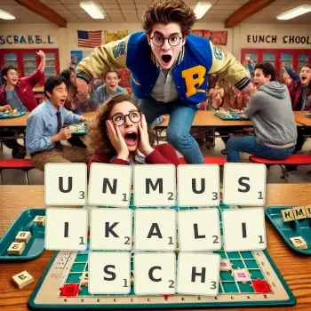 Kreative Illustration für ein Scrabble-Spiel, bei dem das Wort UNMUSIKALISCH mit Steinen auf dem Brett gelegt wurde.