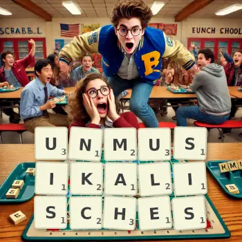 Kreative Illustration für ein Scrabble-Spiel, bei dem das Wort UNMUSIKALISCHES mit Steinen auf dem Brett gelegt wurde.