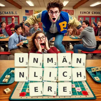 Kreative Illustration für ein Scrabble-Spiel, bei dem das Wort UNMÄNNLICHERE mit Steinen auf dem Brett gelegt wurde.