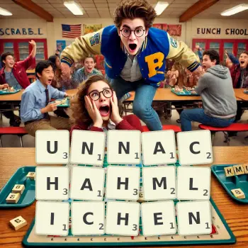 Kreative Illustration für ein Scrabble-Spiel, bei dem das Wort UNNACHAHMLICHEN mit Steinen auf dem Brett gelegt wurde.