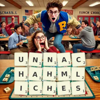 Kreative Illustration für ein Scrabble-Spiel, bei dem das Wort UNNACHAHMLICHES mit Steinen auf dem Brett gelegt wurde.