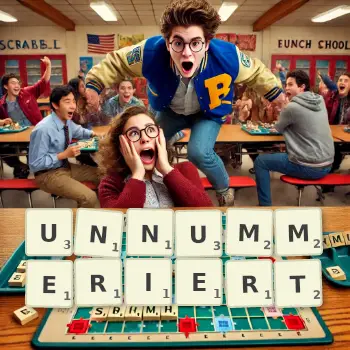 Kreative Illustration für ein Scrabble-Spiel, bei dem das Wort UNNUMMERIERT mit Steinen auf dem Brett gelegt wurde.