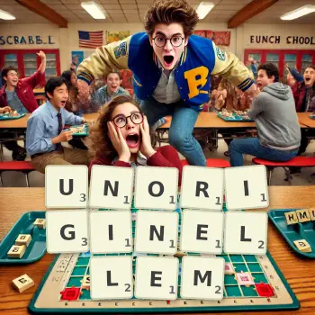 Kreative Illustration für ein Scrabble-Spiel, bei dem das Wort UNORIGINELLEM mit Steinen auf dem Brett gelegt wurde.