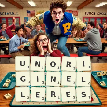 Kreative Illustration für ein Scrabble-Spiel, bei dem das Wort UNORIGINELLERES mit Steinen auf dem Brett gelegt wurde.