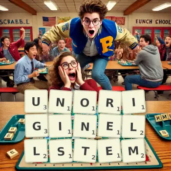 Kreative Illustration für ein Scrabble-Spiel, bei dem das Wort UNORIGINELLSTEM mit Steinen auf dem Brett gelegt wurde.