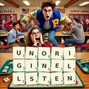 Kreative Illustration für ein Scrabble-Spiel, bei dem das Wort UNORIGINELLSTEN mit Steinen auf dem Brett gelegt wurde.