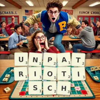 Kreative Illustration für ein Scrabble-Spiel, bei dem das Wort UNPATRIOTISCH mit Steinen auf dem Brett gelegt wurde.