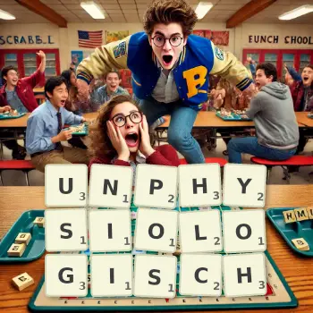 Kreative Illustration für ein Scrabble-Spiel, bei dem das Wort UNPHYSIOLOGISCH mit Steinen auf dem Brett gelegt wurde.