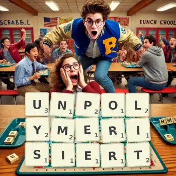 Kreative Illustration für ein Scrabble-Spiel, bei dem das Wort UNPOLYMERISIERT mit Steinen auf dem Brett gelegt wurde.